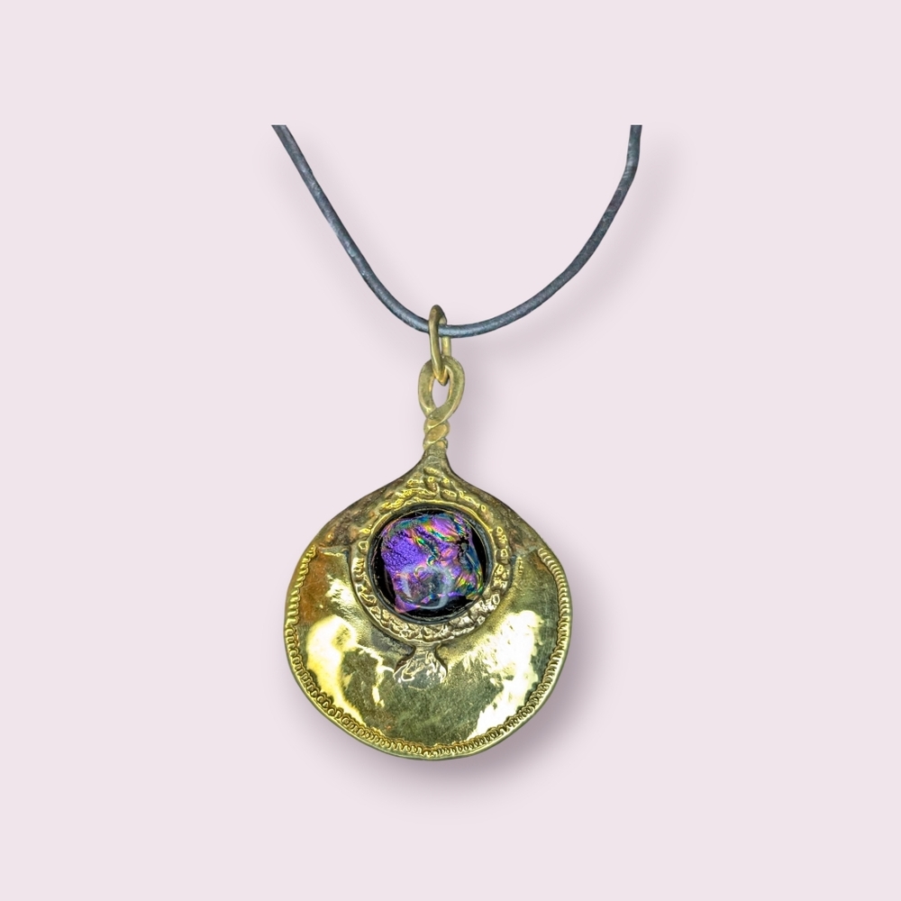 Brass Pendant Necklace with Purple Accent